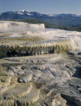 Yellowstone National Park. Mammoth Hot Springs. View over white and yellow sulphur deposits forming waterfall effect