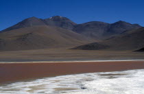 Salar de Uyuni.  Laguna Colorada  salt and gypsum crusted shore and red algae coloured water. Colored  Colored
