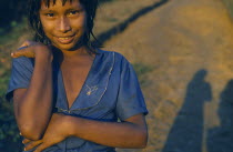 Portrait of Camilla  a Macuna Indian girl in evening sunshine.Tukano or Tucano group  Tukano or Tucano group