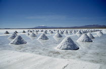 Salt flats with salt shovelled in to piles awaiting collection