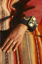 Detail of Andean Indian textiles for sale at Chinchero market near Cuzco. Cusco  Cusco