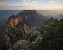 View over sandstone and limestone rock formation in the Grand Canyon  trees growing on rocky cliff face in the foreground.