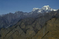 Mountain landscape showing folds in the Himalayas and peaks and ridges.