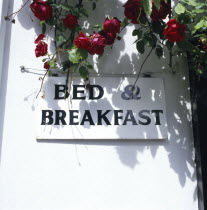 Detail of sign advertising bed and breakfast accommodation over-hung with roses.