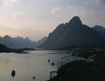Reine.  Midnight sun  mountains and fjord