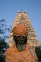 Holy man in front of Virupaksha Temple in the ancient city of Vijayanagar