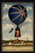 Musee des Ballons in the Chateau de Balleroy. Illustration depicting Vincenzo Lunardi  an Italian diplomat who piloted the first balloon flight in England in 1784 at Moorfields in London.Balloon Muse...