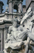 Piazza Navona.  Fontana dei Fiumi.  Detail of fountain depicting figures representing the four great rivers of the world by Bernini.