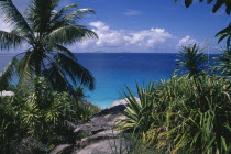 View through rocks and foliage toward the turquoise sea with islands of Praslin and La Digue on the horizon