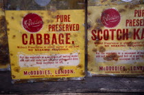 Cape Evans. Interior of Scotts Hut with detail of a rusty yellow and red tin of preserved cabbageBuilt in 1911 during Terra Nova expedition