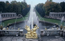 Petrodurets Palace. The Great Cascade fountains Restored palace