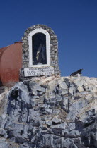 Chilean Base Gonzalez Videla. Gentoo Penguin nesting next to a statue of the Virgin Mary