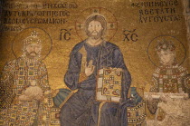 Detail of mosaic painting in Aya Sofya depicting Christ with Emperor Constantine IX Monomachus offering a bag of coins and the Empress Zoe holding a scroll. EurasiaHaghia Sophia