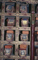 Detail of library of texts and scriptures in Buddhist monastery.