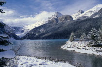 Lake Louise and surrounding landscape after snowfall.