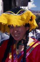 Young woman in traditional costume at Inti Raymi.  Head and shoulders shot.   Cuzco  Cuzco