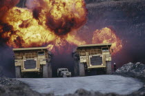 Pyrotechnic over two large truck and a jeep