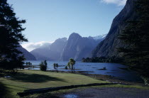 View  across water with mountains behind.