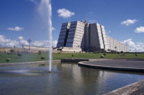 The Faro a Coln or Columbus Lighthouse completed in 1992 for the 500th anniversary of Columbus  arrival in the New World with fountain in foreground.