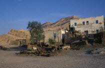 View of traditional housing with a facade mural and donkey tethered to tree in foreground with hills behind Gurna