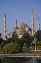 Blue mosque seen above trees with a pool in the foreground