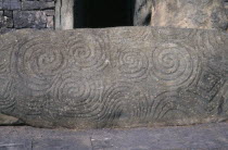Newgrange world heritage site. Carved stone at entrance of Prehistoric Burial Site  Republic of Ireland Eire