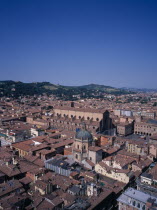 View South West over the city with the brick built Church of San Petronio on Piazza Maggiore.    taken from Torre Asinelli