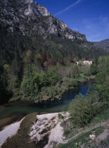 View along the gorge to the restored Hamlet  small village  West of  La Malene.