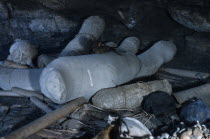 Ritual burial cave in forested hills behind village containing mummified corpses with nightjar perched on one  also loose skulls and bones and spindles of the dead . Indigenous Tribes  Colombian/Vene...