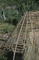 Gable end of a dwelling being thatched with long grass. Young boy onlooker in typical woven cotton toga. Maize being grown behind.Indigenous Tribes Colombian / Venezuelan Border Area American Colombi...