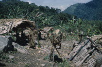 Village in the Sierra de Perija with dwelling huts and maize storage shelters. Man wears long woven cotton togaIndigenous Tribes Colombian / Venezuelan Border Area American Colombian South America Co...