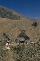 Religious centre of Takina  high in Sierra Nevada. Man wearing hand woven and hand dyed  mochila  / shoulder bag  walks to meet a  mama  / priest emerging from the  nuhue  / temple  with large rack of...