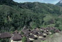 Chendukua. Traditional old Kogi village of circular mud walled and grass-thatched  households surrounded by semi-tropical cultivation plots mainly plantains coffee yucca/manioc and maize   hillsides o...