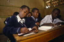 Schoolchildren working at desks in classroom.