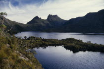 Cradle Mountain and Lake Dove  seen from Suicide Rock in Cradle Mountain Lake Saint Clair National Park  St.