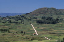 Near Antsirabe. Elevated view over patchwork fields with a dirt road running through the middle towards trees and hills