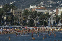 Busy resort near Barcelona.  Crowded beach with palm trees and seafront houses behind. Catalunya
