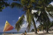Las Minitas Beach lined with palm trees and windsurfs with a woman sat on the sand under a palm tree in the foreground