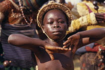 Young Bapende dancer at Gungu festival. Zaire