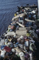 Heavily loaded river boat on the River Congo from Kinshasa to Kisangani.  Zaire