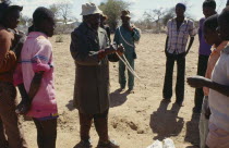 Water prospector using divining rods to show where water can be found.