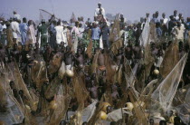 Crowds of spectators and competitors in annual three day fishing festival in which giwan ruwa fish are caught with hand nets and calabashes.