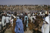 Crowds of spectators and competitors in annual three day fishing festival in which giwan ruwa fish are caught with hand nets and calabashes.