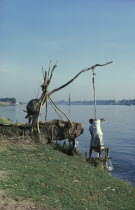 Man using simple irrigation system on the bank of the River Nile