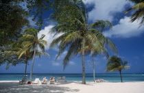 Guardalevaca beach with sunbathers among palm trees