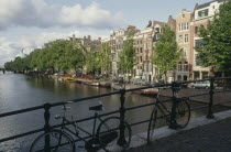 Bicycles parked beside railings with canal and typical housing behind.Netherlands