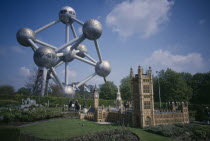 Model of Houses of Parliament with Atomium behind.