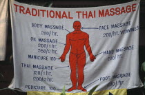 Traditional Thai massage banner with prices for various massages
