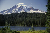 Mount Ranier snow covered peak above tree lined lake