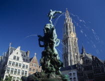 The Brabo Fountain  tower of Our Ladys Cathedral & Main Square  Grote Markt facade.